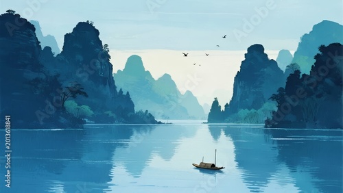 A serene lake surrounded by misty mountains with a small boat floating on calm waters