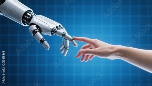 Human hand reaching toward robotic arm against blue grid background
