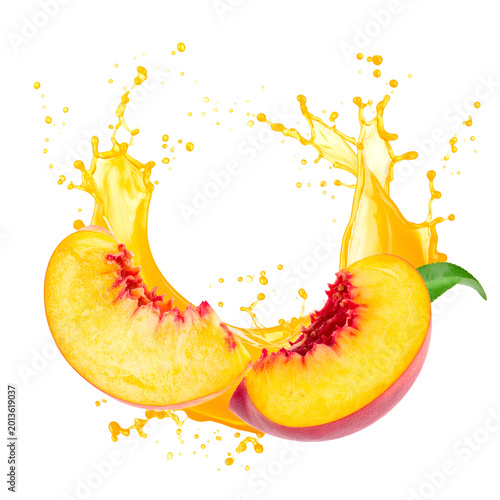 Freshly cut peach with a vibrant juice splash