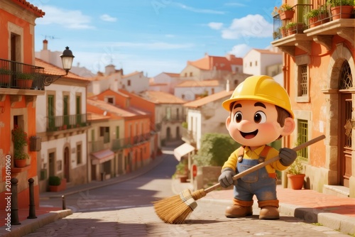 Cartoon character in construction outfit sweeping a cobblestone street in a colorful Mediterranean town