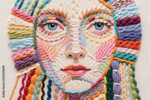 Colorful embroidered portrait of a woman's face with intricate threadwork and vibrant patterns