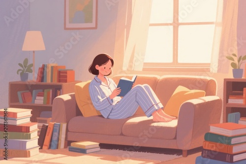 A woman reading a book on a couch in a cozy, sunlit living room surrounded by stacks of books