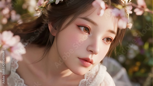 A young woman with floral crown and lace attire in a blossoming garden setting