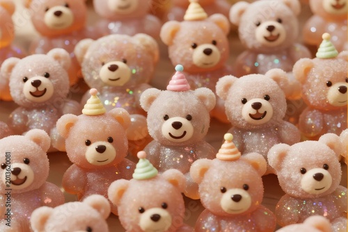 Collection of glittery pink teddy bear figurines wearing party hats