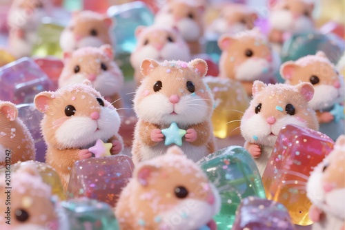 Adorable plush hamsters holding star-shaped toys amidst colorful glittery blocks