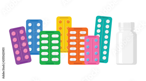 Multiple vibrant blister packs containing diverse circular and oval medical tablets standing alongside a single empty white plastic medicine container on white background.