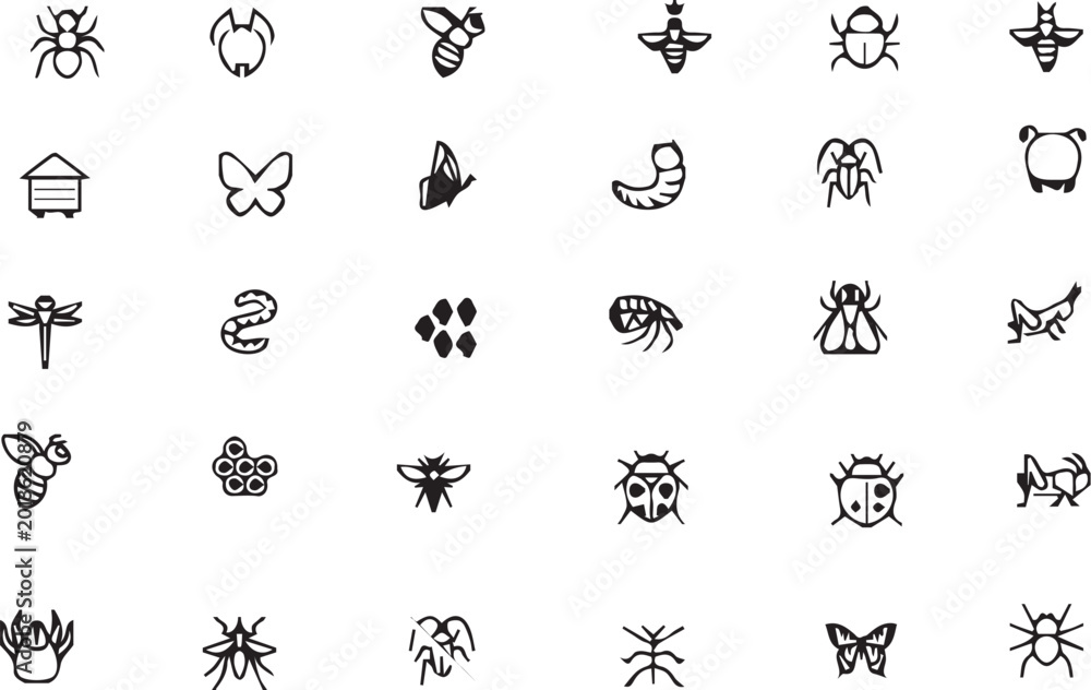 Fototapeta premium Insect icons, bug symbols, 25 black line art illustrations, vector graphics