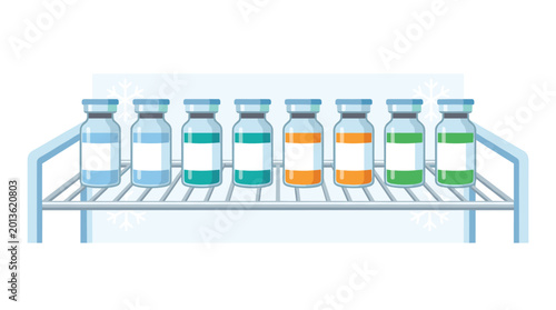 Eight colorful medicine vials stand in a single row on a wire metal shelf inside a refrigerated environment with a soft light blue and grey color palette.