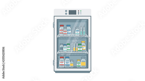 A compact digital medical refrigerator with a screen on top contains assorted medicine bottles and glass ampoules arranged neatly on glass shelves against white.