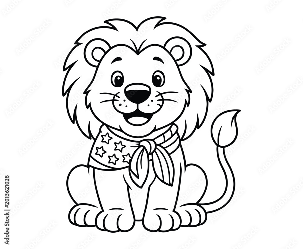 Fototapeta premium Cute lion cub wearing scarf with stars patriotic theme for coloring page illustration.