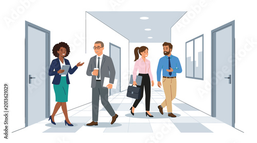Professional colleagues walk through a clean white modern office corridor while holding tablets and briefcases during a typical corporate workday indoor setting.