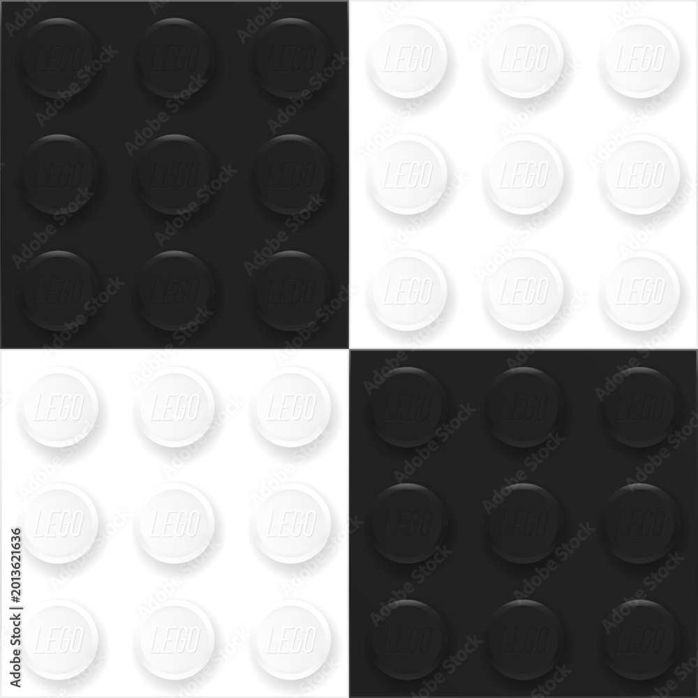Fototapeta premium Square checkered chessboard style background made with realistic black and white Lego plastik constructor blocks. Play and build concept. Vector editorial illustration