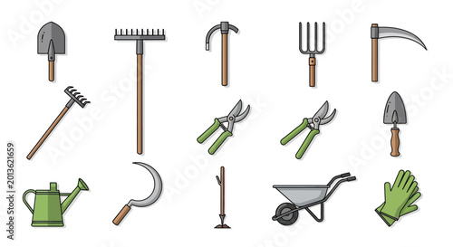 Fotografia Gardening Tools Collection: Rake, Shovel, Pruners, Wheelbarrow, Watering Can