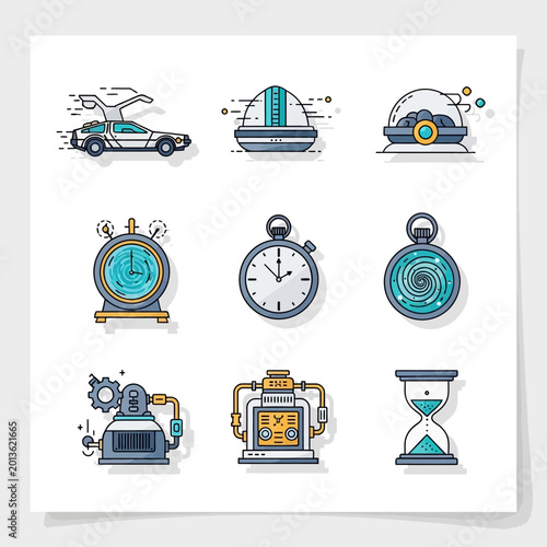Futuristic Time Travel Icons: DeLorean, Hourglass, Sci-Fi Devices