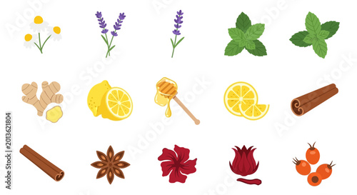 Herbal Tea Ingredients: Chamomile, Lavender, Mint, Lemon, Ginger, Honey, Cinnamon