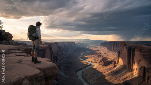 Hiker standing on cliff edge, overlooking canyon landscape, dramatic cloudy sky