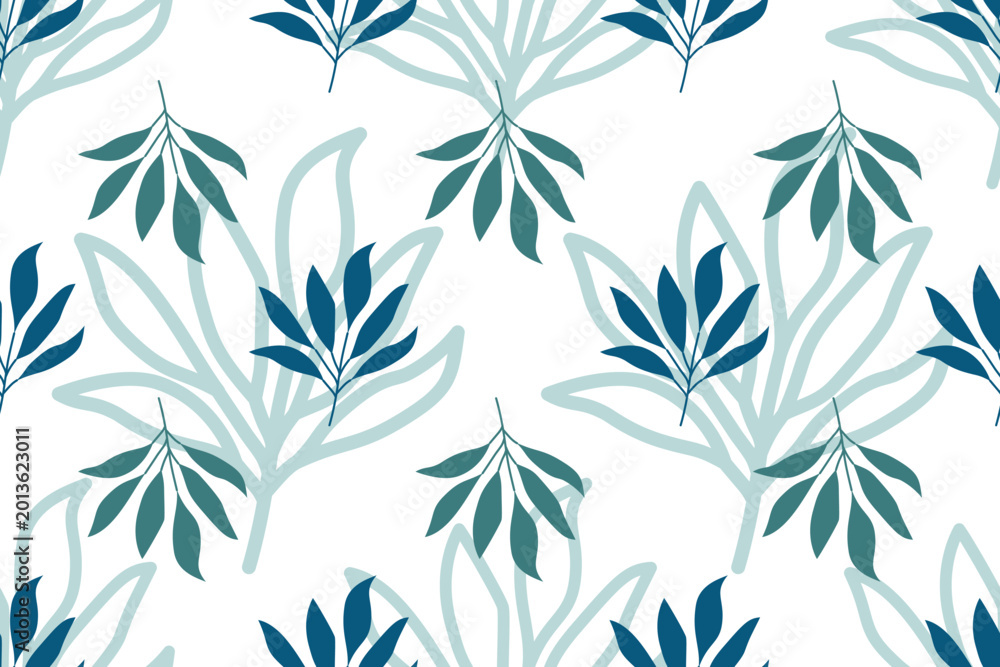 Fototapeta premium Modern Blue and Teal Botanical Seamless Pattern with Layered Leaf Outlines. 