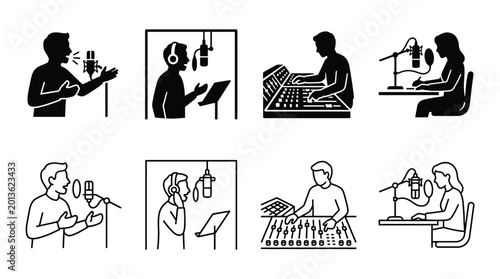 Schilderij op canvas Set of podcasting icons featuring people recording audio, speaking into micropho