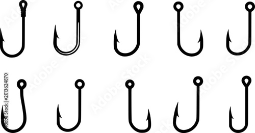 Minimalist black fishing hook silhouette symbol isolated on white background
