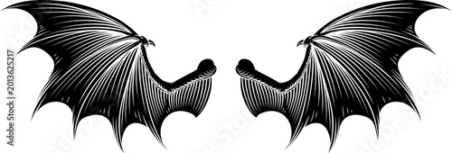 A pair of bat, dragon, devil or demon vampire wings illustration in a vintage woodcut etching or engraving style.