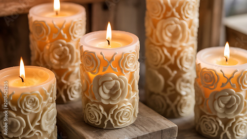 lit candles with rose designs, decorative home candles, floral pillar candles, romantic ambiance