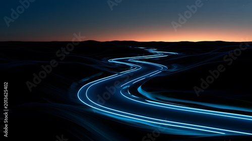 Futuristic blue road illuminates serene hills under a warm twilight sky cinematic landscape