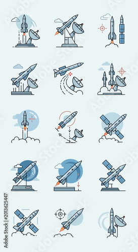Fotografi Rocket Icons Set, Missile Launch, Military Technology, Space Exploration, Vector