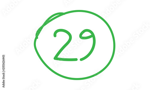 abstract simple hand drawn green number 29 on circle design.