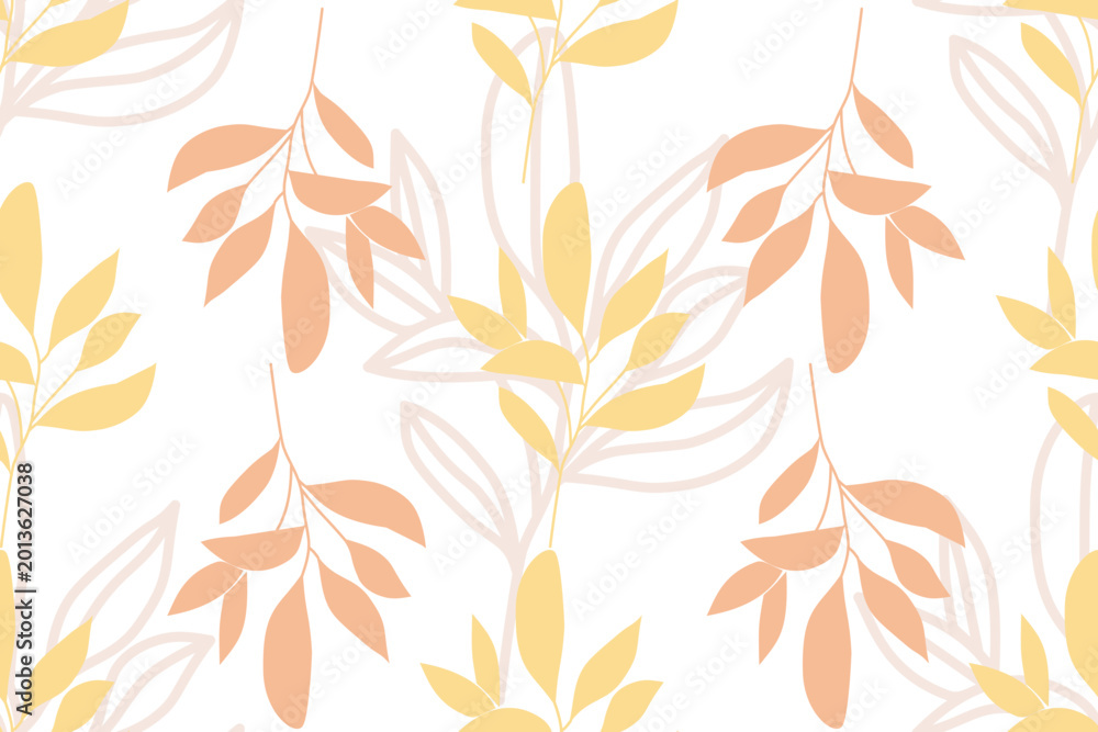 Fototapeta premium Minimalist Soft Yellow and Apricot Leaves Seamless Vector Pattern with Layered Outlines. 