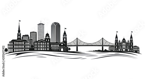 Bild auf Leinwand New Orleans Skyline Silhouette with Mississippi River Bridge
