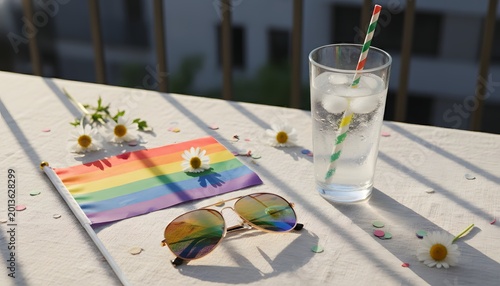 Rainbow pride flag and mirrored sunglasses lying on a sunny balcony table with a cold drink and daisies during a summer festival for happiness and freedom concept