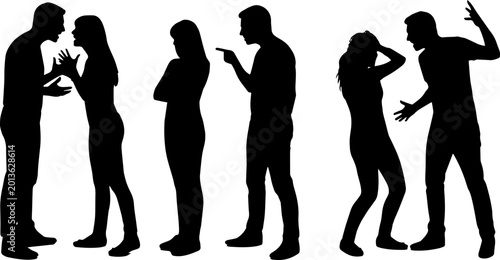 Tableau sur toile Silhouettes of couples arguing and in conflict, black on white background