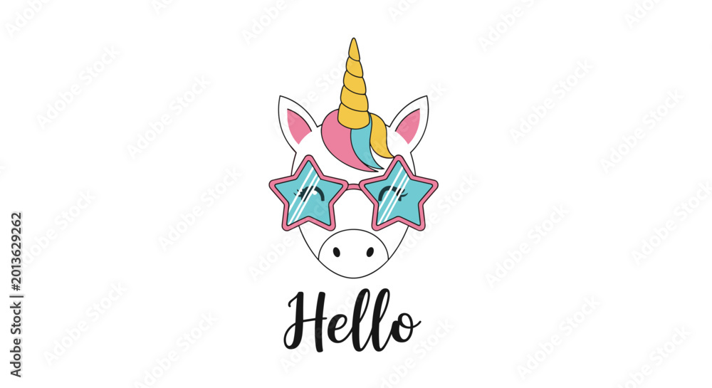 Fototapeta premium Cute unicorn head wearing colorful star shaped sunglasses and a yellow horn with the word hello written below.