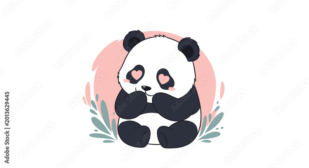 Naklejka premium Adorable panda character with pink heart shaped eyes sitting in front of a colorful pink and green circular background.
