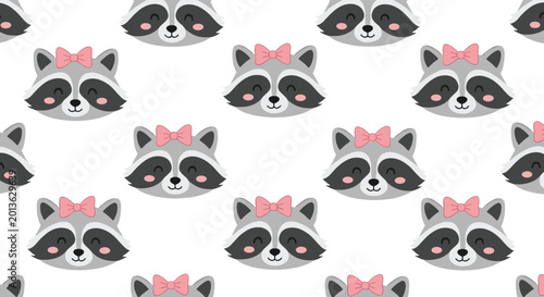 Adorable seamless pattern featuring cute raccoon heads wearing pink bows on a plain white background for kids.
