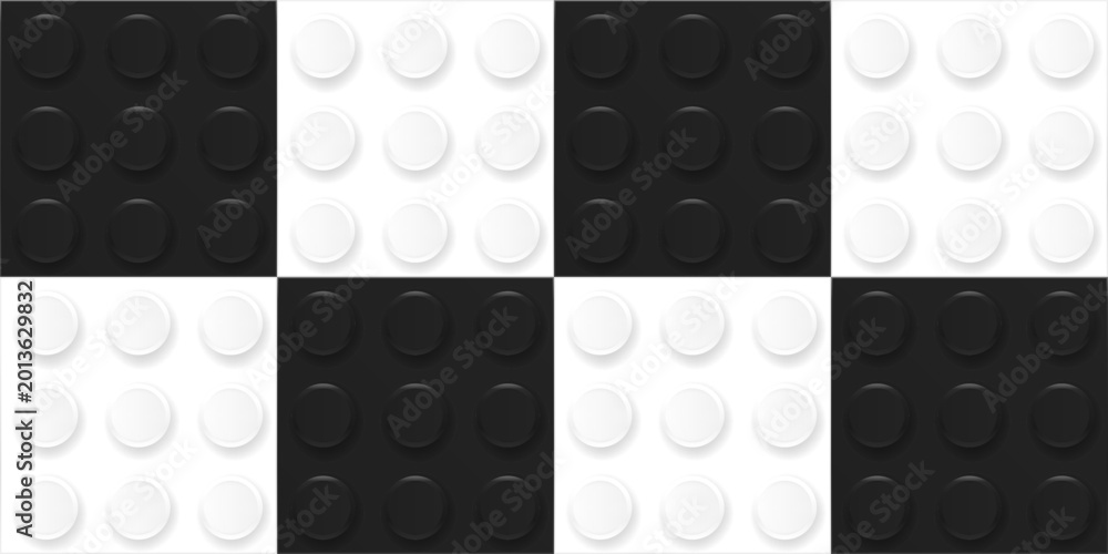 Obraz premium Square checkered chessboard style background made with realistic black and white plastik constructor blocks. Play and build concept. Vector illustration