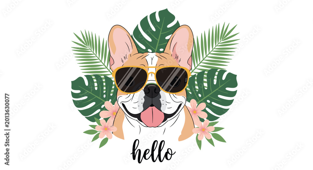 Fototapeta premium Cool French bulldog wearing stylish sunglasses surrounded by green monstera and palm leaves with pink flowers.