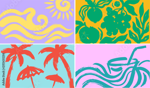 Bild auf Leinwand Vibrant summer scene with stylized waves, sun, fruit, and palm trees