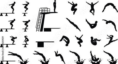 Bild auf Leinwand Diving and gymnastics silhouette icons set isolated on white background, Vector