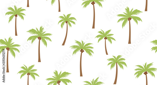 Tropical seamless pattern featuring simple green palm trees with brown trunks on a clean and bright white background.