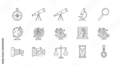 Vintage Science and Discovery Icons: Telescope, Microscope, Globe, Compass, Camera