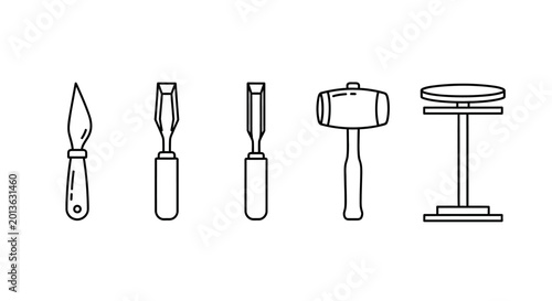 Fényképezés Woodworking Tools Set: Chisel, Mallet, Gouge, and Workbench Icon Line Art