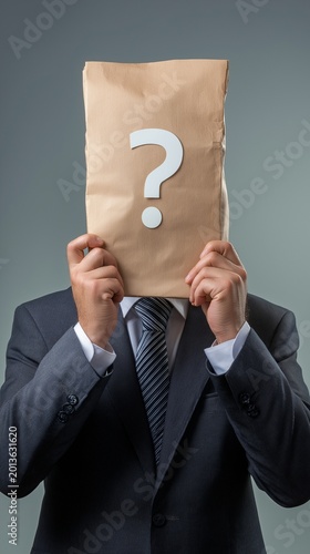 An anonymous person idea depicts a businessman in disguise with a blank, empty paper bag mask covering his face with a question mark on it.