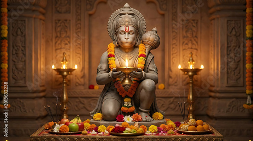 Magnificent Stone Sculpture of Lord Hanuman Devotee Holding a Radiant Lit Diya Lamp during Sacred Sankat Mochan Hanuman Jayanti Hindu Religious Festival Celebration with Spiritual Ambiance