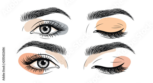 Detailed sketches of human eyes with various eyeshadow colors and long lashes, highlighting different makeup looks and expressions.