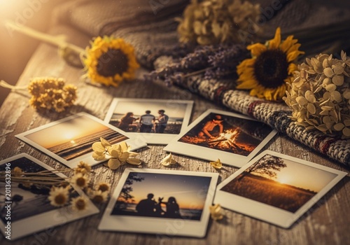 Nostalgic Instant Photos with Dried Sunflowers and Autumn Flowers on Rustic Wooden Table