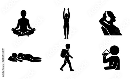Foto Mindfulness Icons: Yoga, Meditation, Relaxation, Sleep, Walking, and Hydration V