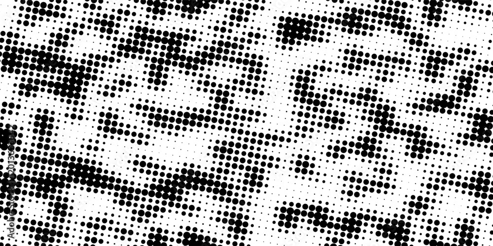 Fototapeta premium Grunge halftone gradient background. Faded grit noise texture. White and black sand wallpaper. Retro pixelated backdrop. Anime or manga style comic overlay. Vector graphic design textured template