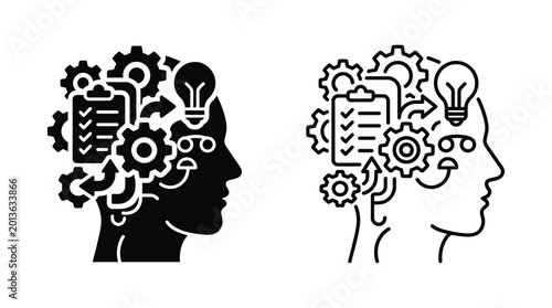 Mind brainstorm icon set with gears and ideas in solid and linear vector art drawings.