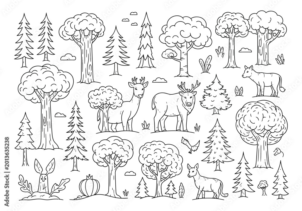 Fototapeta premium Forest Animals and Trees Line Art Set, Hand-Drawn Woodland Elements for Coloring